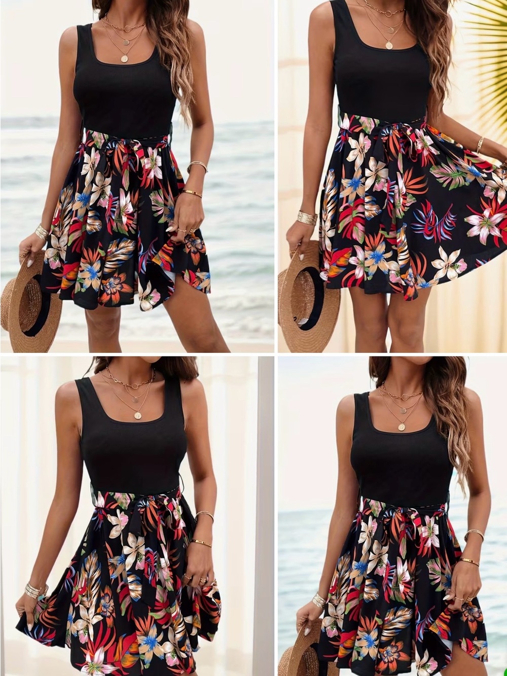 Black Floral Tie-Waist Sleeveless Sundress
